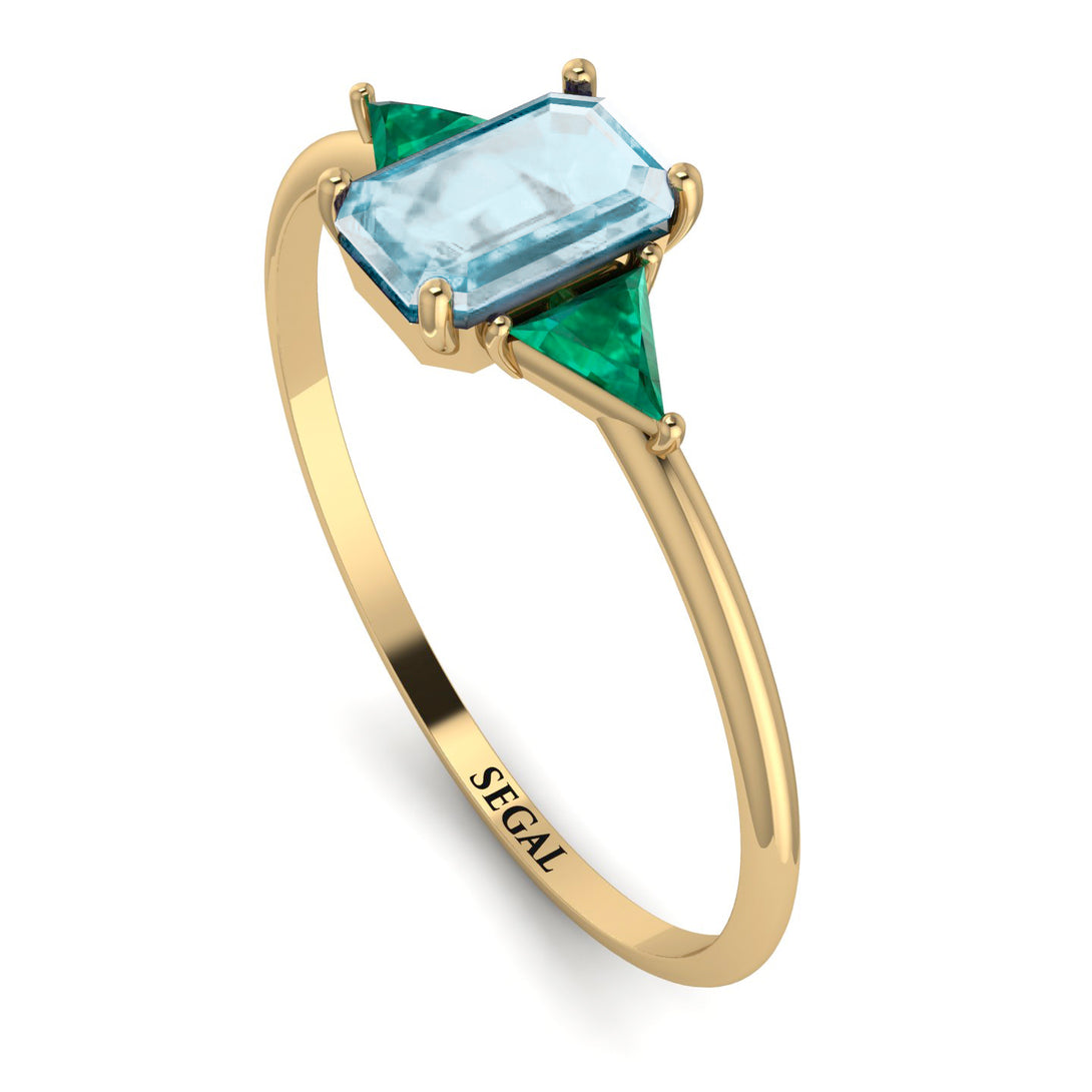 Emerald Cut Aquamarine With Triangles Ring - Remi No. 404