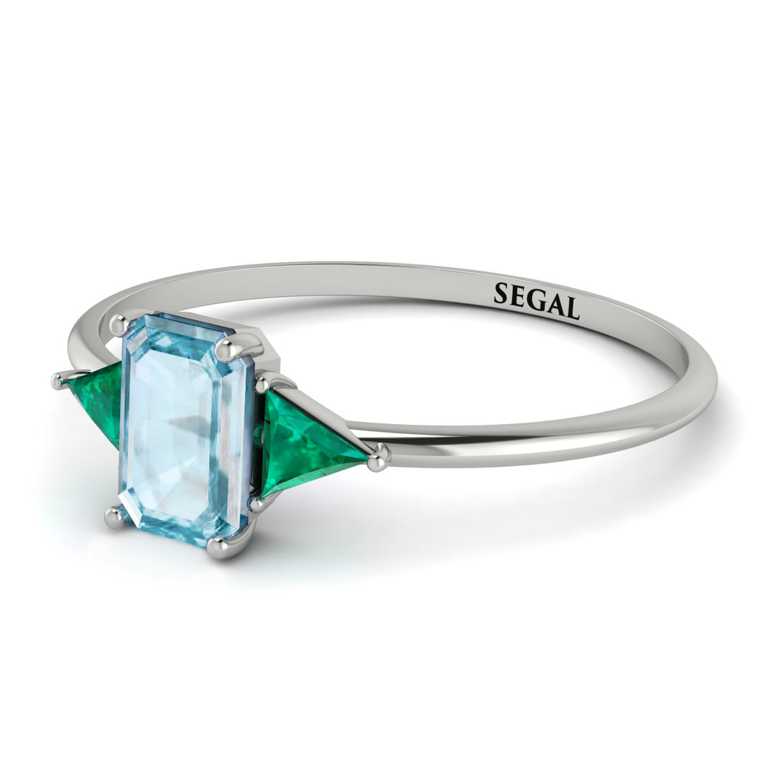 Emerald Cut Aquamarine With Triangles Ring - Remi No. 406