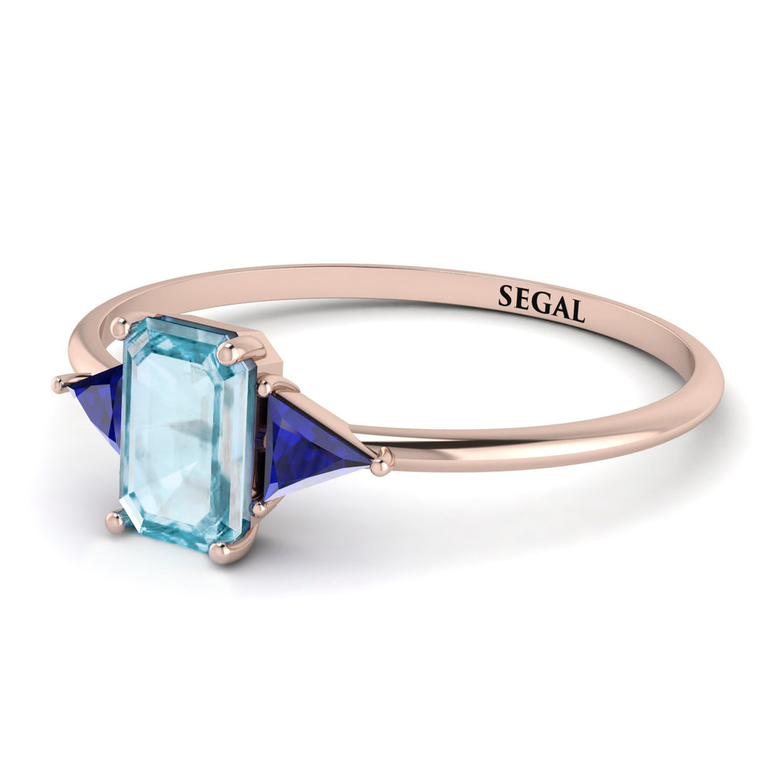 Emerald Cut Aquamarine With Triangles Ring - Remi No. 414