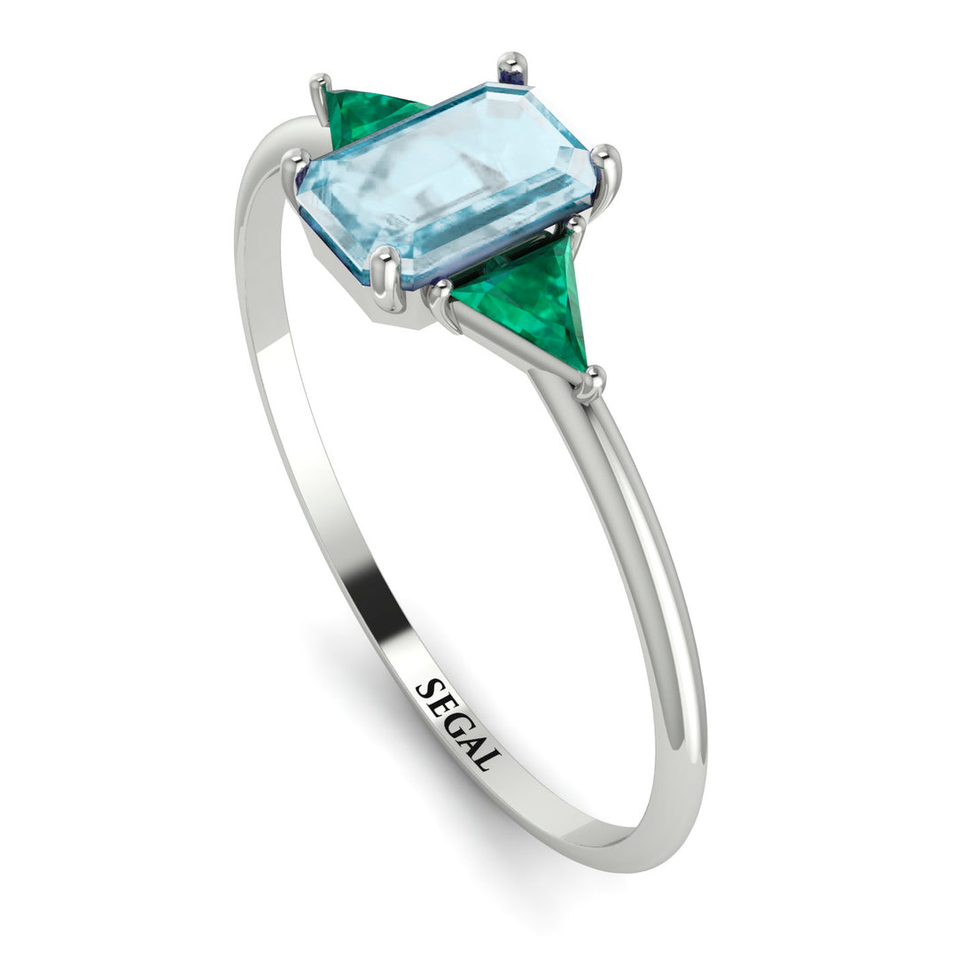 Emerald Cut Aquamarine With Triangles Ring - Remi No. 406