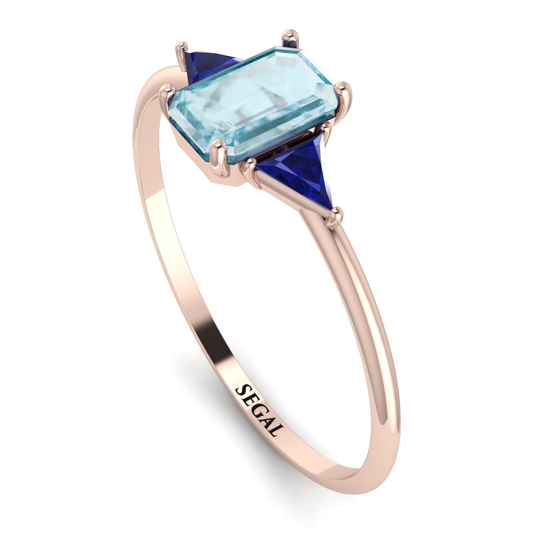 Emerald Cut Aquamarine With Triangles Ring - Remi No. 414