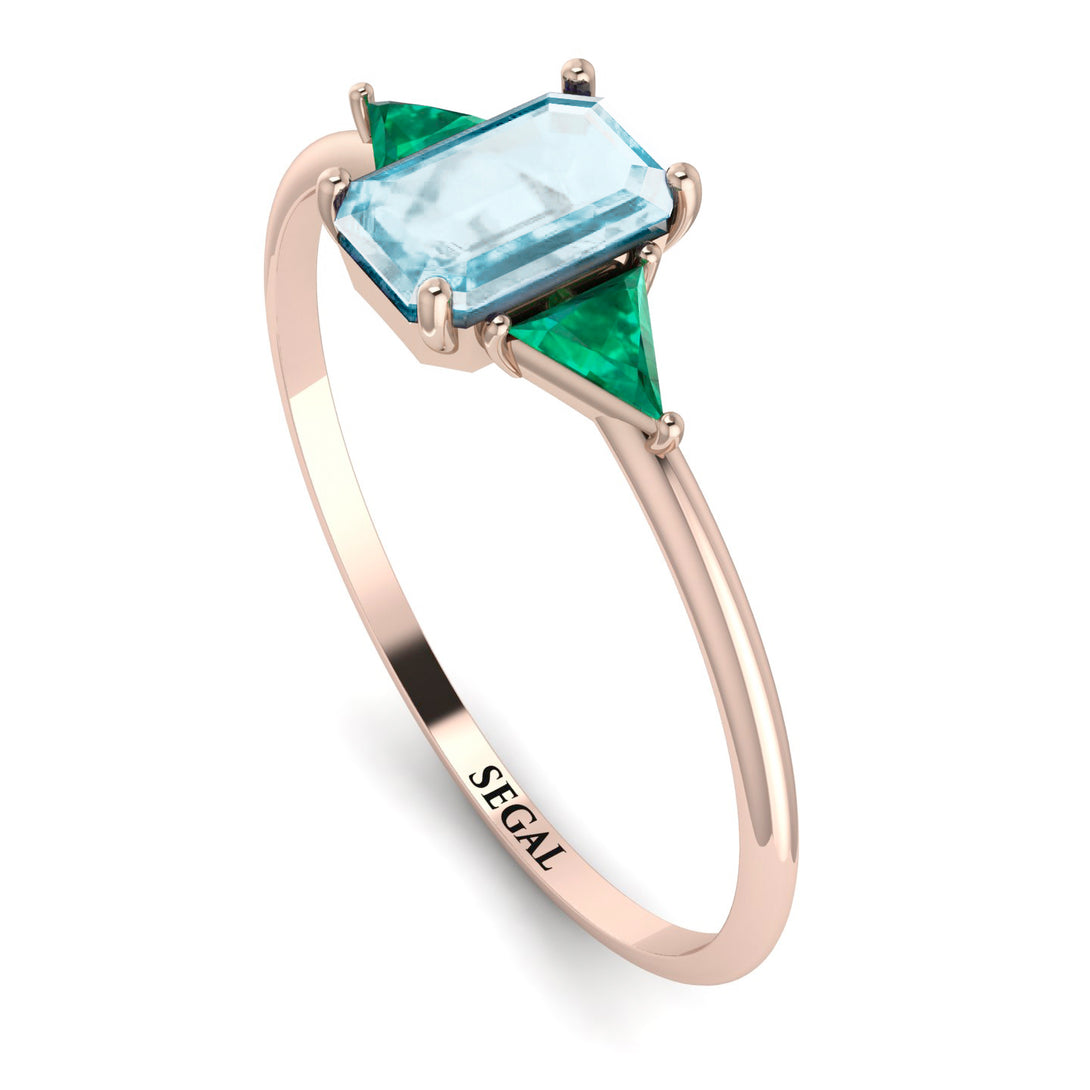Emerald Cut Aquamarine With Triangles Ring - Remi No. 405