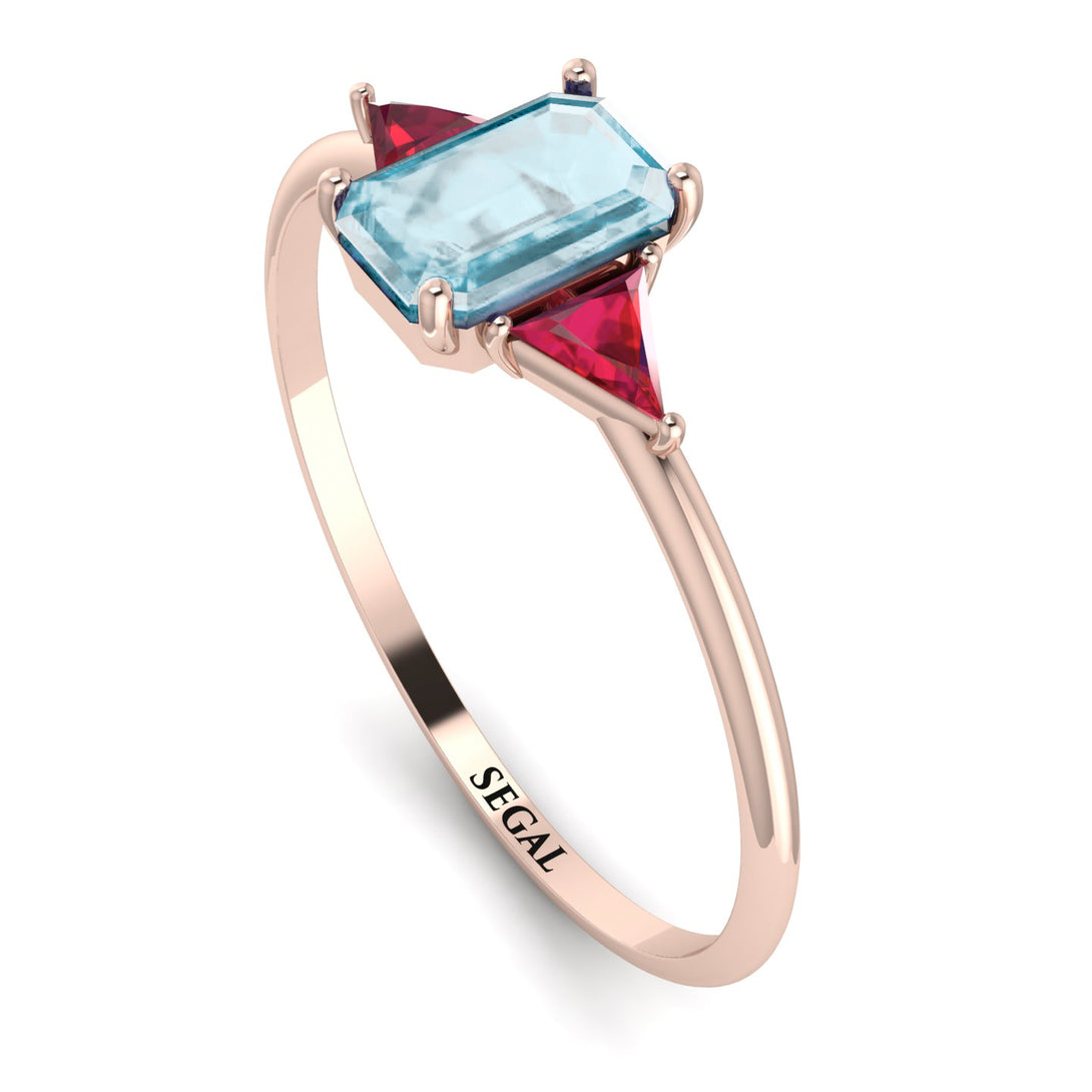 Emerald Cut Aquamarine With Triangles Ring - Remi No. 411