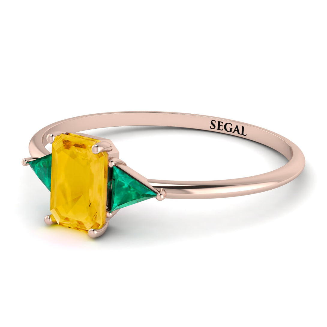 Emerald Cut Citrine With Triangles Ring - Remi No. 605