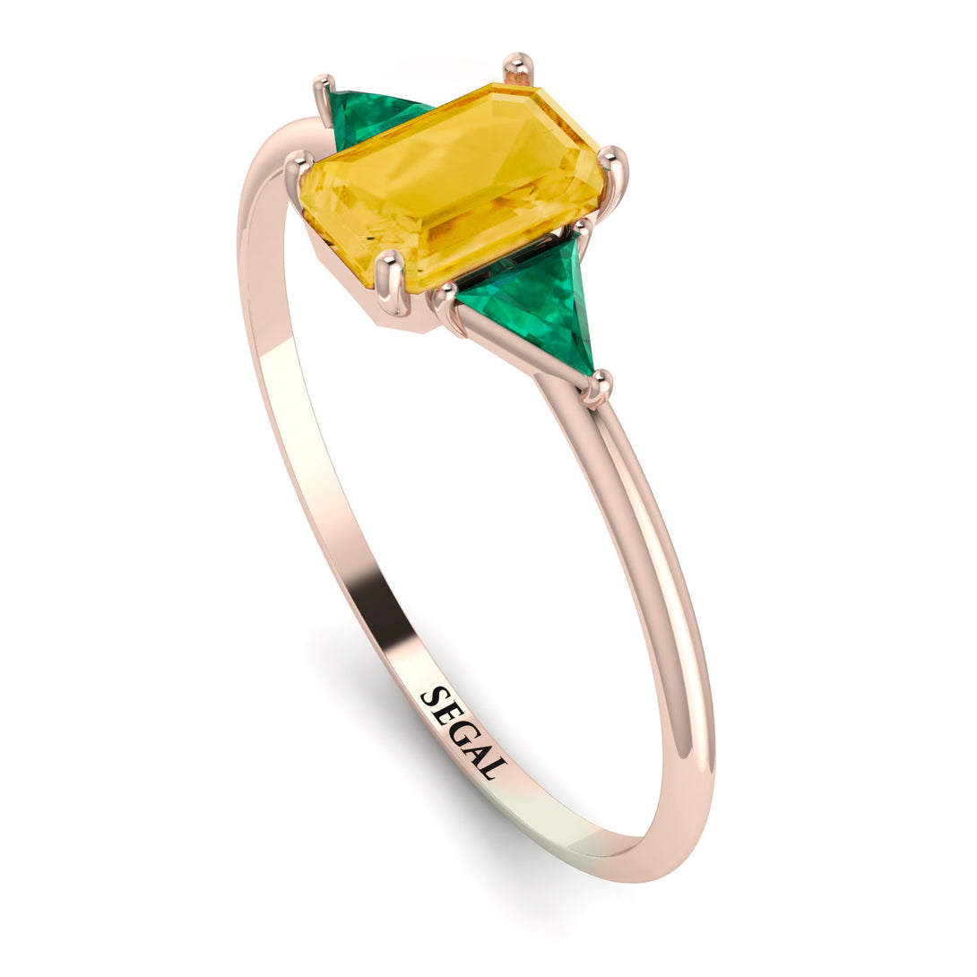 Emerald Cut Citrine With Triangles Ring - Remi No. 605
