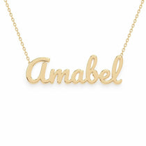 Amabel name necklace in solid 14K Yellow Gold, handmade in Los Angeles