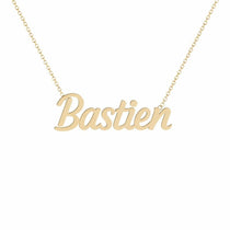 Bastien name necklace in solid 14K Yellow Gold, handmade in Los Angeles
