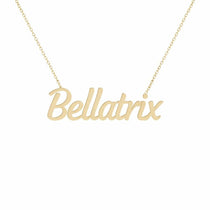 Bellatrix name necklace in solid 14K Yellow Gold, handmade in Los Angeles