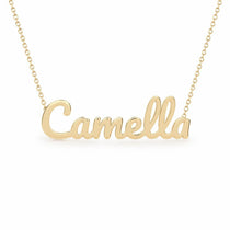 Camella name necklace in solid 14K Yellow Gold, handmade in Los Angeles