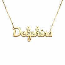 Delphina name necklace in solid 14K Yellow Gold, handmade in Los Angeles