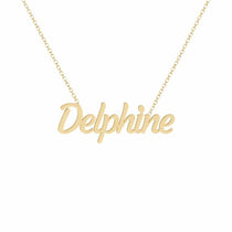 Delphine name necklace in solid 14K Yellow Gold, handmade in Los Angeles
