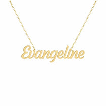 Evangeline name necklace in solid 14K Yellow Gold, handmade in Los Angeles