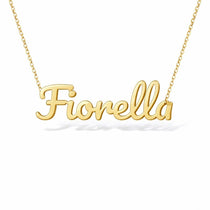 Fiorella name necklace in solid 14K Yellow Gold, handmade in Los Angeles