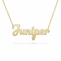 Juniper name necklace in solid 14K Yellow Gold, handmade in Los Angeles