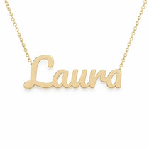 Laura name necklace in solid 14K Yellow Gold, handmade in Los Angeles