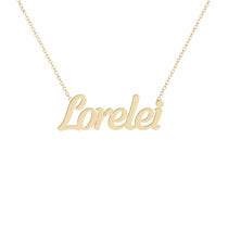Lorelei name necklace in solid 14K Yellow Gold, handmade in Los Angeles