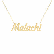 Malachi name necklace in solid 14K Yellow Gold, handmade in Los Angeles