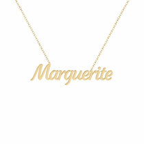 Marguerite name necklace in solid 14K Yellow Gold, handmade in Los Angeles