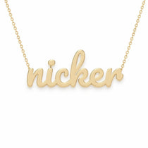 Nicker name necklace in solid 14K Yellow Gold, handmade in Los Angeles