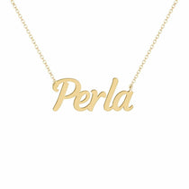 Perla name necklace in solid 14K Yellow Gold, handmade in Los Angeles