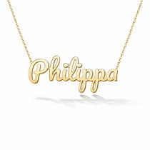 Philippa name necklace in solid 14K Yellow Gold, handmade in Los Angeles