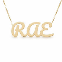 RAE name necklace in solid 14K Yellow Gold, handmade in Los Angeles
