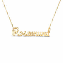 Rosamund name necklace in solid 14K Yellow Gold, handmade in Los Angeles