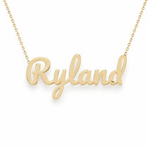 Ryland name necklace in solid 14K Yellow Gold, handmade in Los Angeles