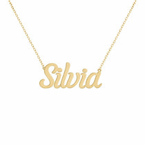 Silvia name necklace in solid 14K Yellow Gold, handmade in Los Angeles