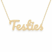 Testies name necklace in solid 14K Yellow Gold, handmade in Los Angeles