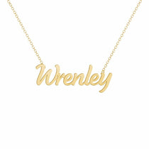 Wrenley name necklace in solid 14K Yellow Gold, handmade in Los Angeles