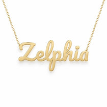 Zelphia name necklace in solid 14K Yellow Gold, handmade in Los Angeles