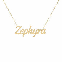 Zephyra name necklace in solid 14K Yellow Gold, handmade in Los Angeles