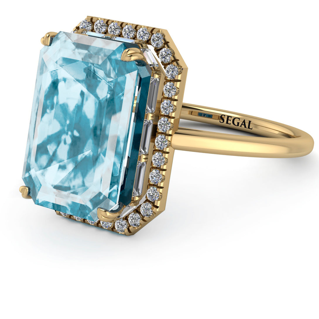 Halo Emerald Cut Aquamarine Ring With Hidden Diamonds - Rowan No. 401
