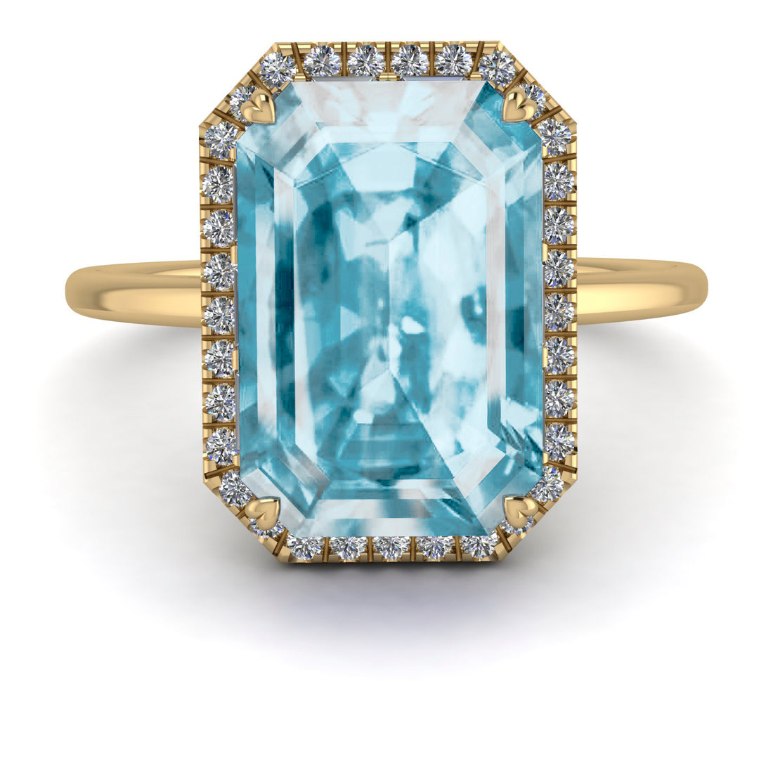 Halo Emerald Cut Aquamarine Ring With Hidden Diamonds - Rowan No. 401