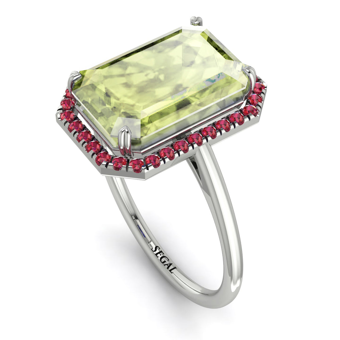 Halo Emerald Cut Peridot Engagement Ring - Izabella No. 712