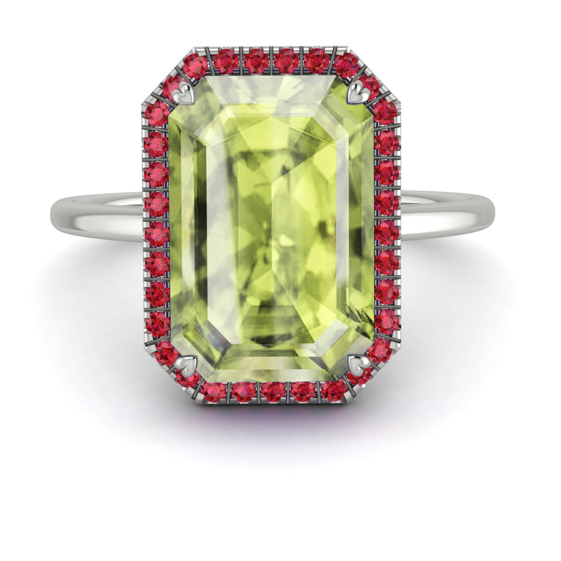 Halo Emerald Cut Peridot Engagement Ring - Izabella No. 712
