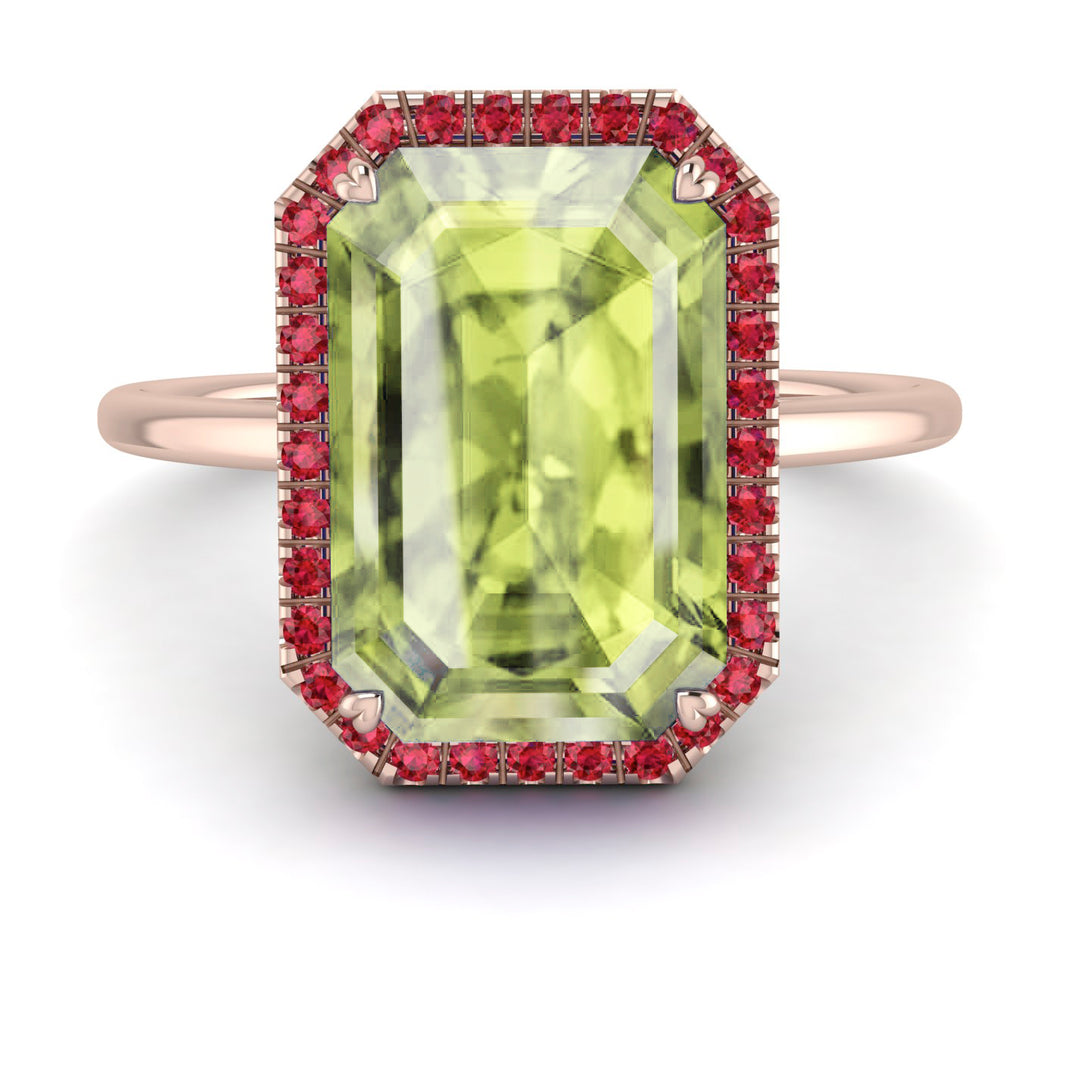 Halo Emerald Cut Peridot Engagement Ring - Izabella No. 711