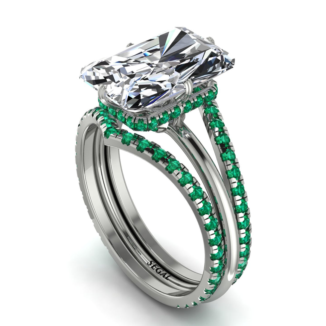 Hidden Halo Emerald Cut Emerald Double Band Bridal Set - Vanessa No. 18