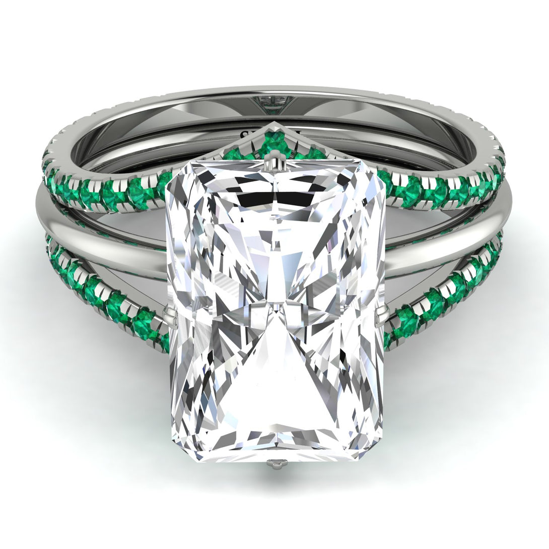Hidden Halo Emerald Cut Emerald Double Band Bridal Set - Vanessa No. 18