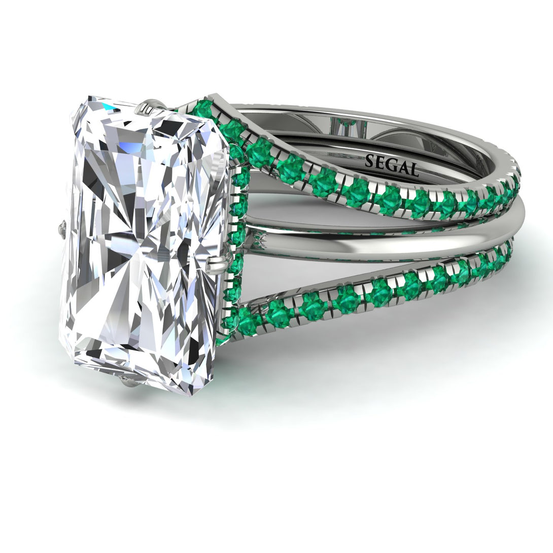 Hidden Halo Emerald Cut Emerald Double Band Bridal Set - Vanessa No. 18
