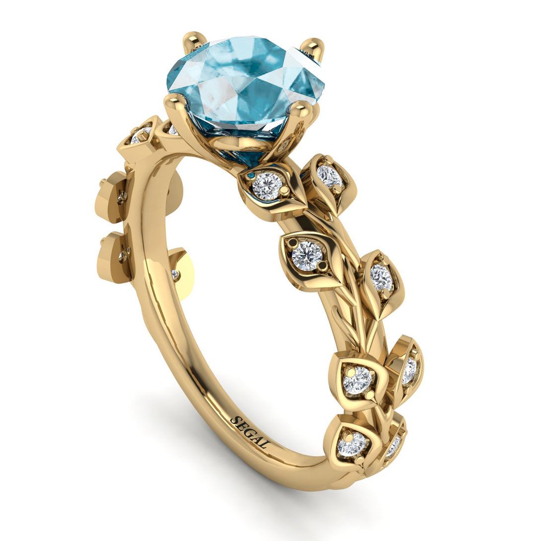 Leaves All Around Yellow Gold Aquamarine Ring - Sydney 2ct No. 401