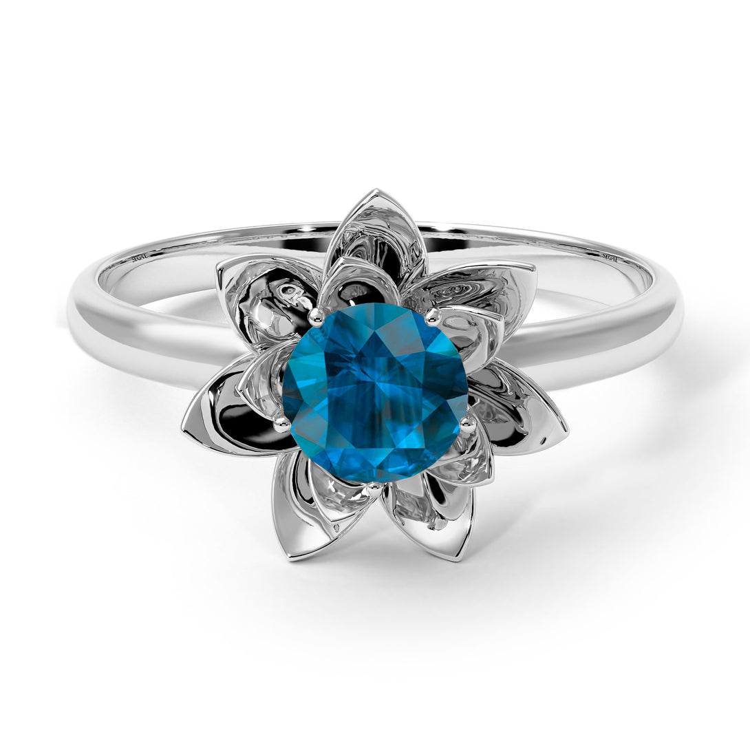 Lotus Flower Solitaire Blue Topaz Ring - Lotus no. 503
