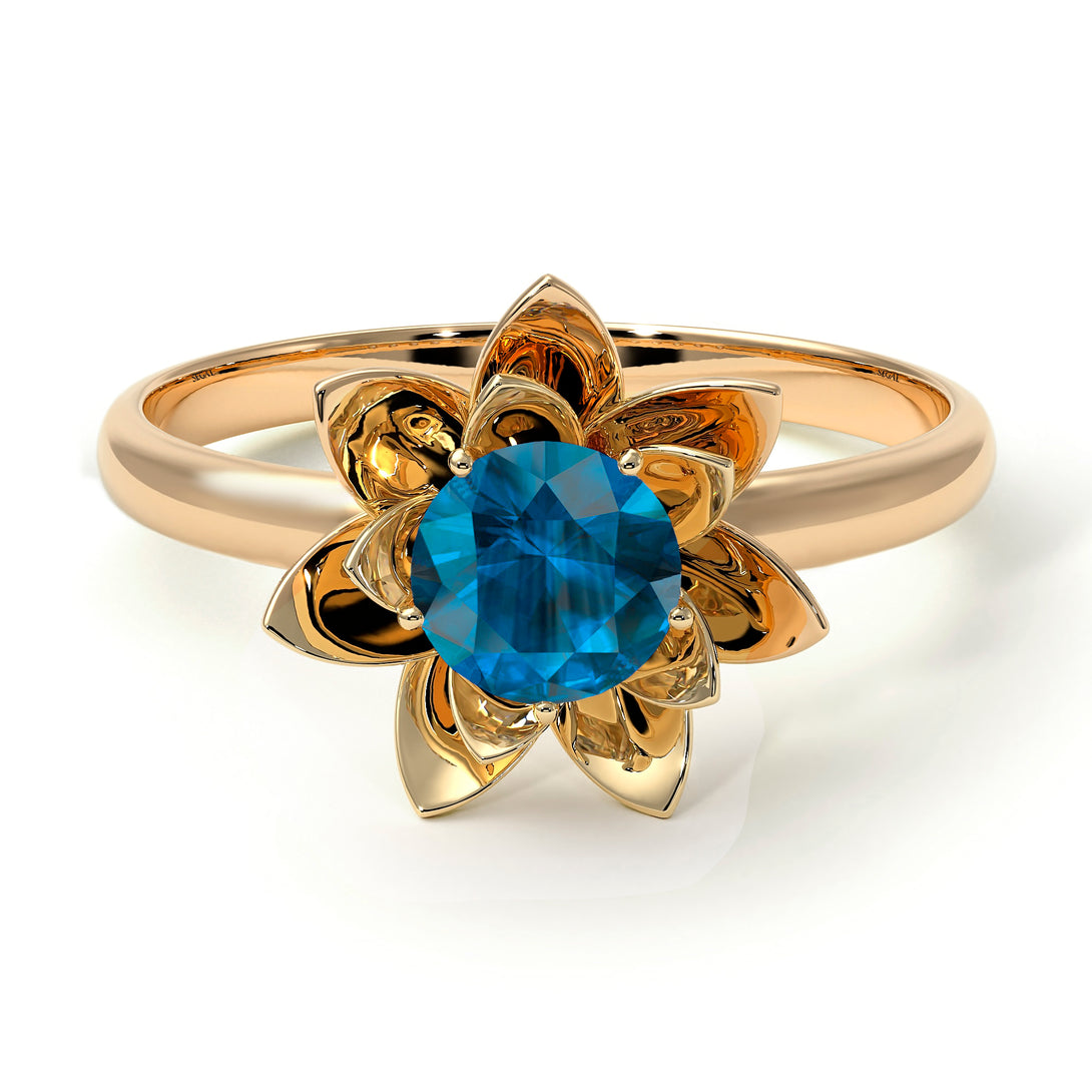 Lotus Flower Solitaire Blue Topaz Ring - Lotus no. 501