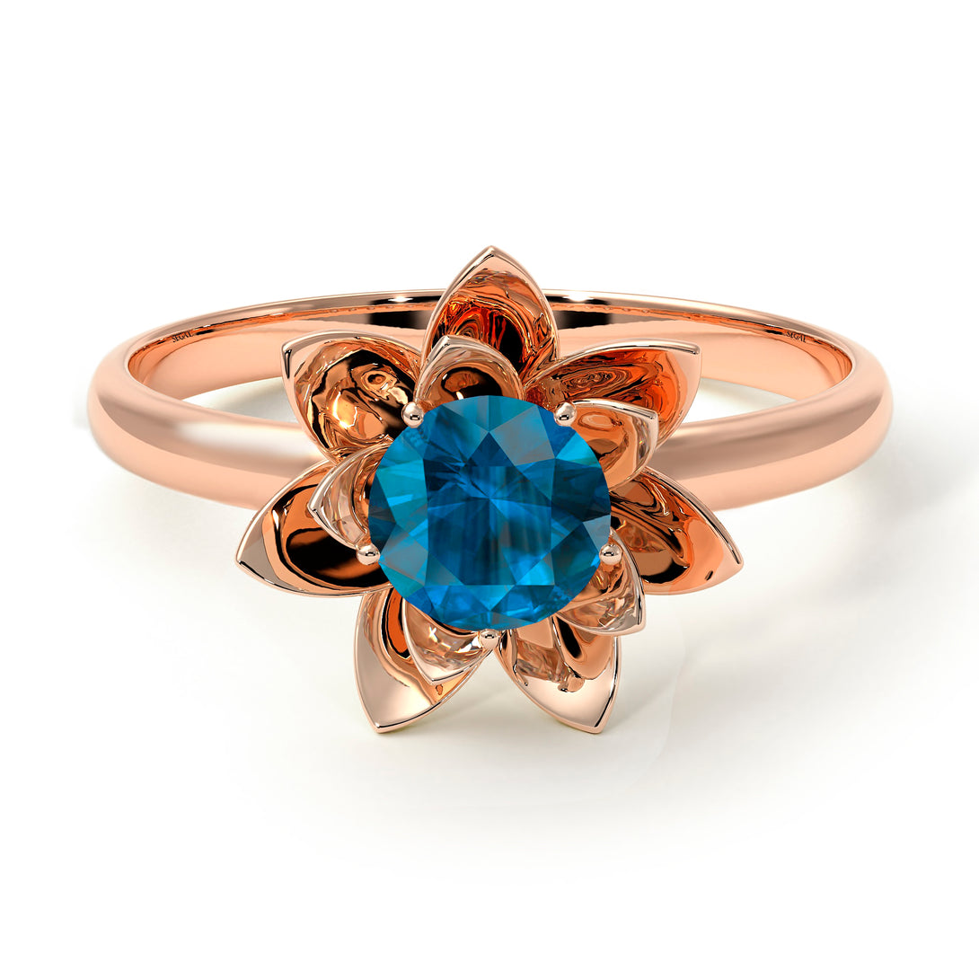 Lotus Flower Solitaire Blue Topaz Ring - Lotus no. 502