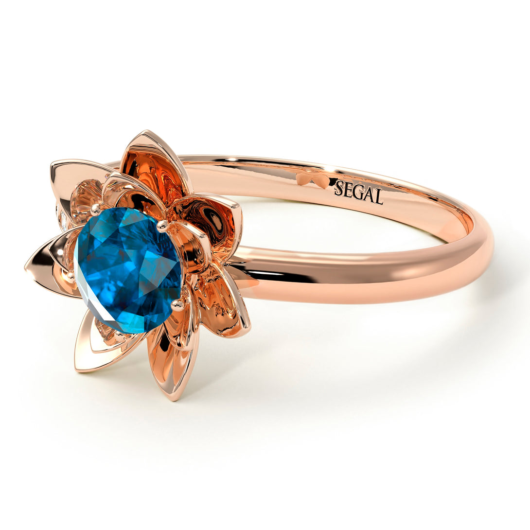Lotus Flower Solitaire Blue Topaz Ring - Lotus no. 502