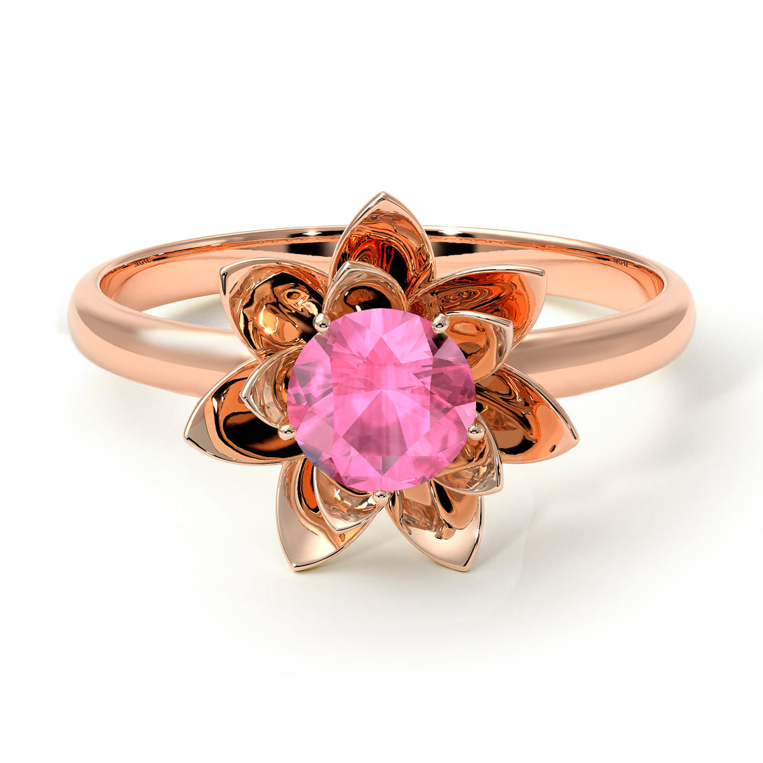 Lotus Flower Solitaire Pink Moissanite Ring - Lotus no. 802