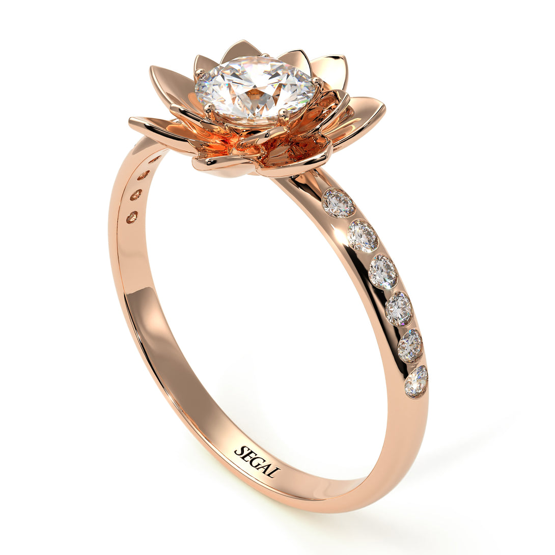 Lotus Bridal Rose Gold Flower Diamond Engagement Ring - 0.5 Carat Round Cut - Lotus no. 2
