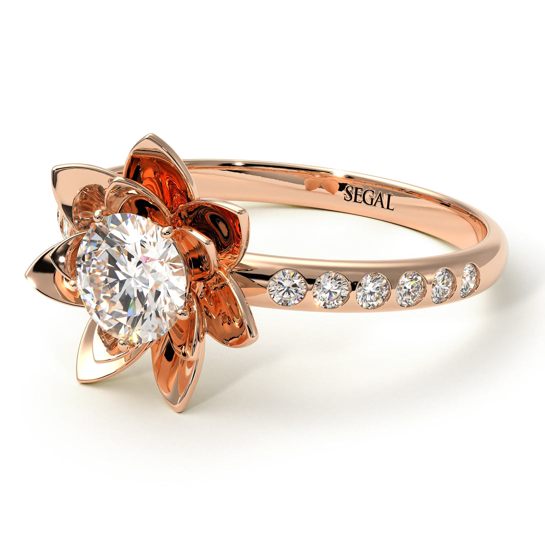 Lotus Bridal Rose Gold Flower Diamond Engagement Ring - 0.5 Carat Round Cut - Lotus no. 2