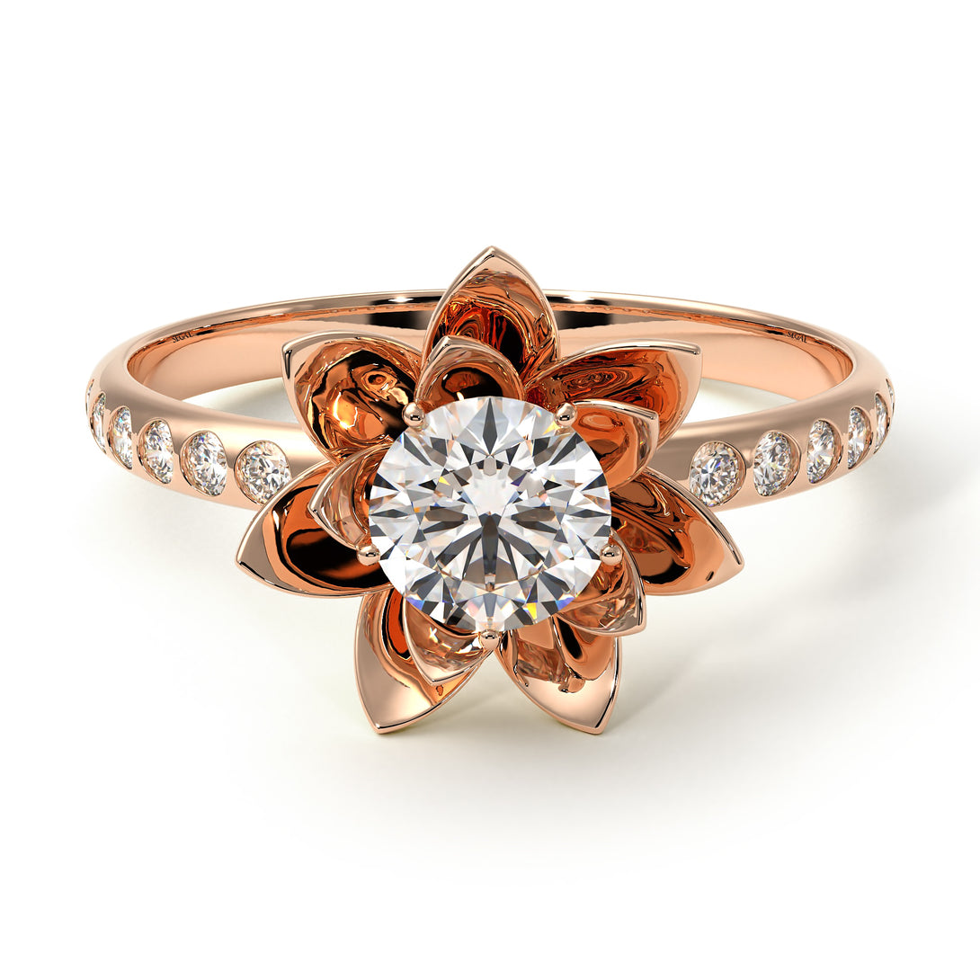 Lotus Bridal Rose Gold Flower Diamond Engagement Ring - 0.5 Carat Round Cut - Lotus no. 2